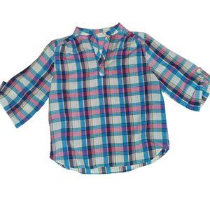 Fox Collection Womens Button Up Blouse 3/4 Sleeve Plaid Top Shirt XL